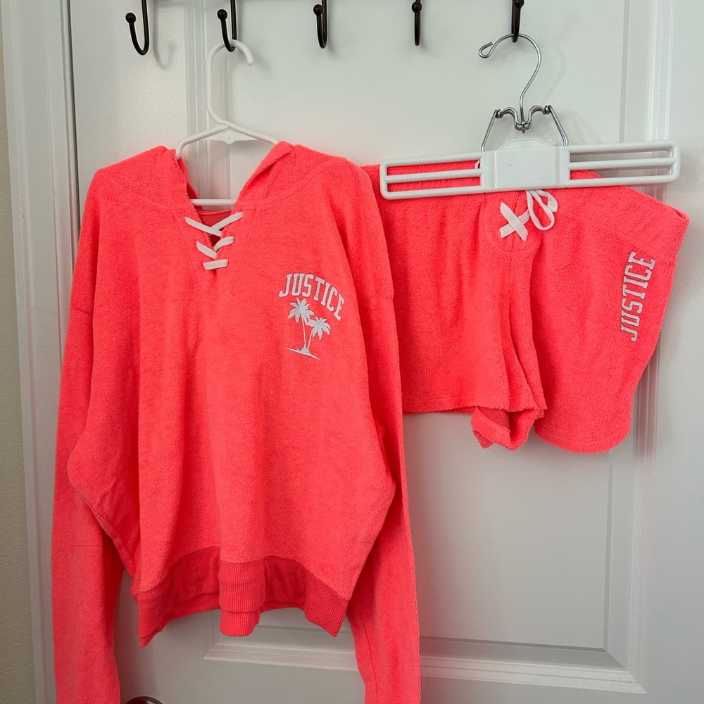 Justice Coral Pink Terry Hoodie and Shorts Set